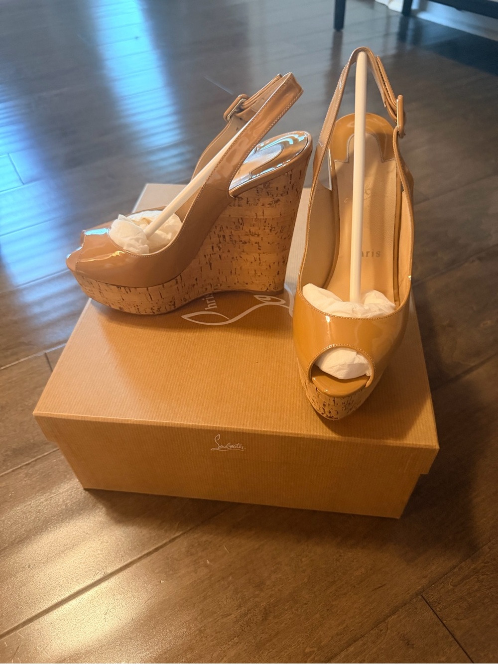Christian Louboutin Patent Peep-Toe Cork Wedge Slingbacks in Camel 37.5